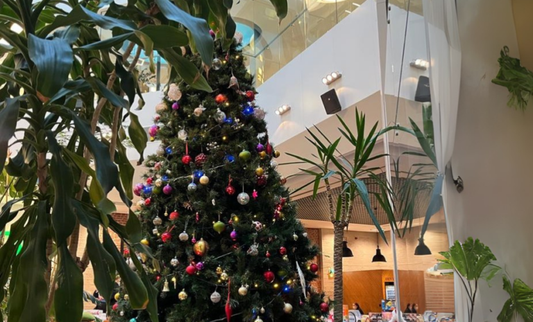 Katılımcıların Microsoft yılbaşı etkinliğinde bir araya geldiği neşeli buluşmadan görüntü.